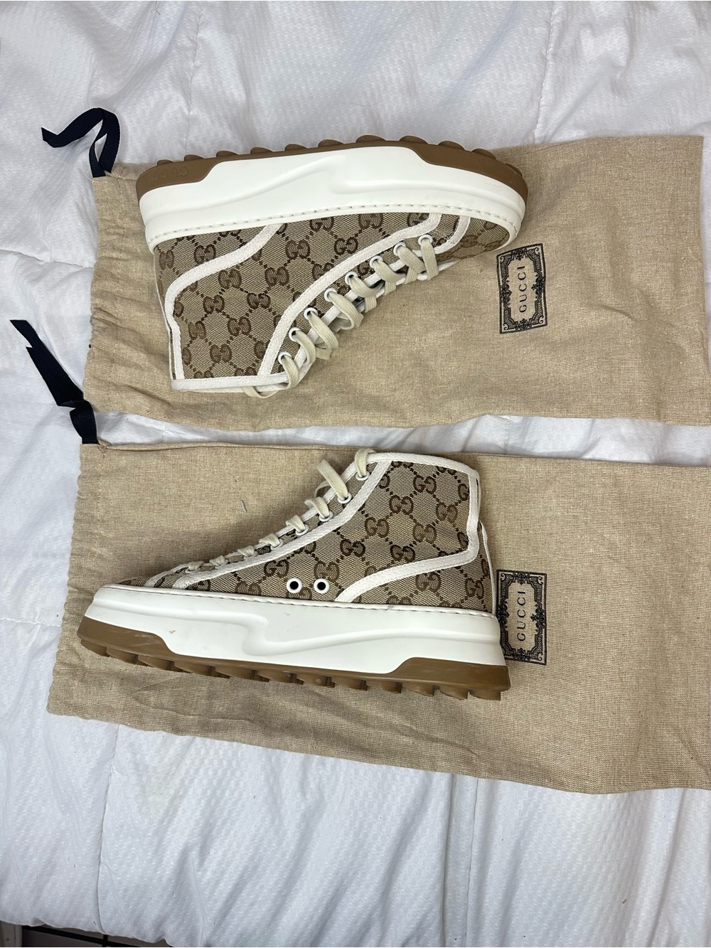 Gucci Beige GG Supreme High-Top Sneakers with White Trim and Gum Sole